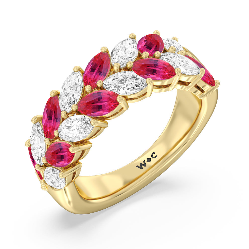 Alternate Created Ruby Marquise and Diamond Edge Anniversary Ring with 14KT Yellow Gold Cut Diamond in 14KT Yellow Gold view 2

