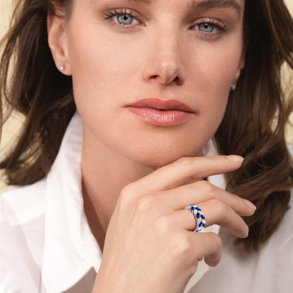 Model Wearing Alternate Created Sapphire Marquise and Diamond Edge Anniversary Ring view
