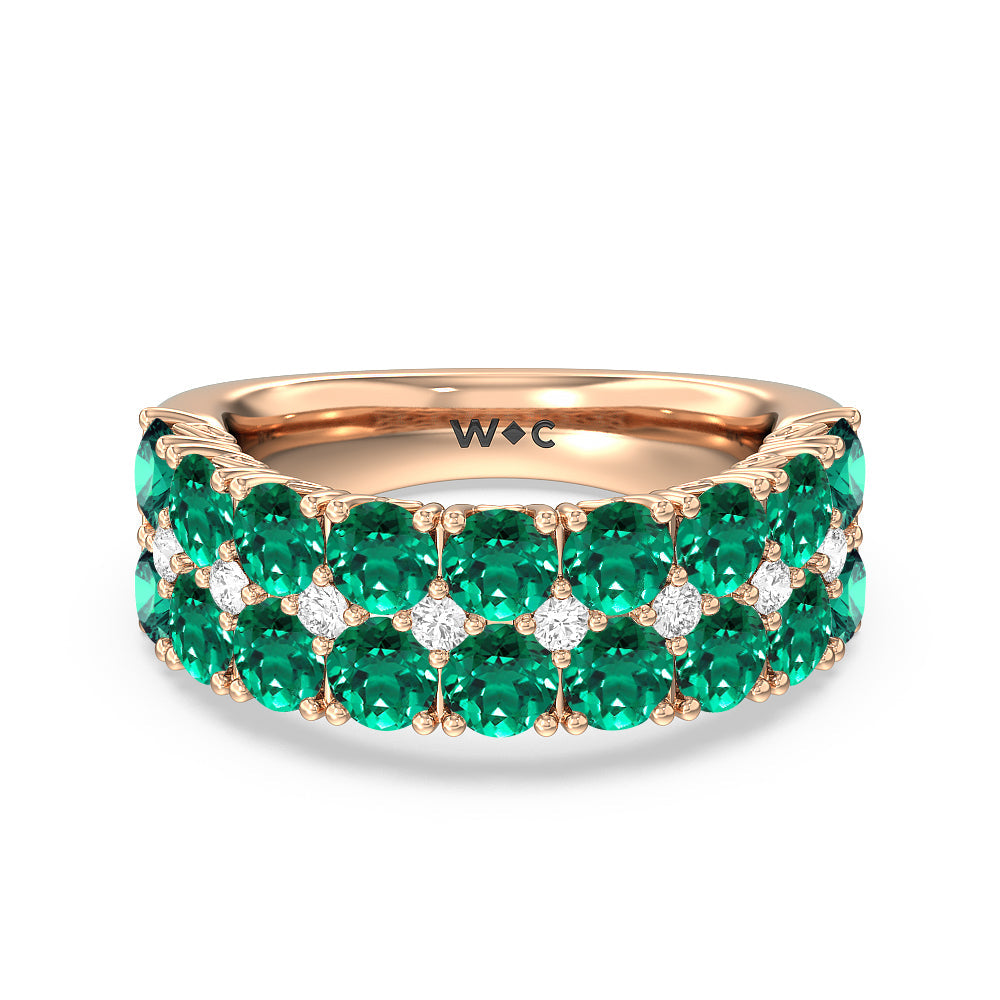 Created Emerald and Diamond High Line Anniversary Ring with 14KT Rose Gold Cut Diamond in 14KT Rose Gold view 1
