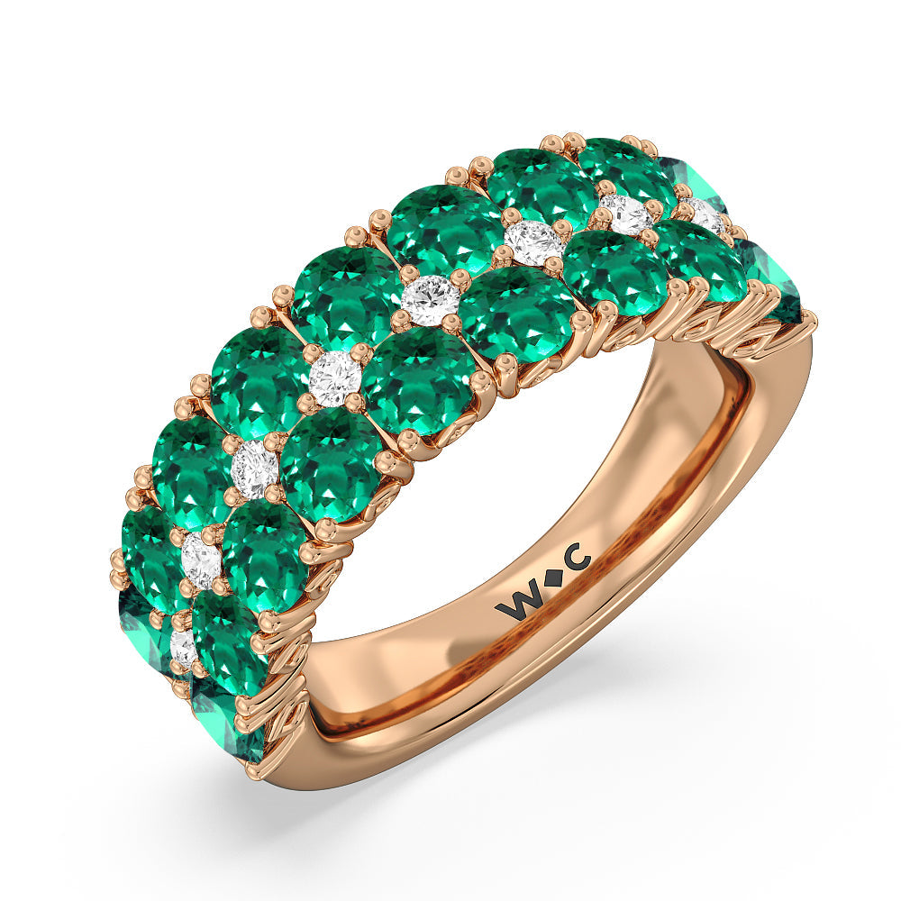 Created Emerald and Diamond High Line Anniversary Ring with 14KT Rose Gold Cut Diamond in 14KT Rose Gold view 2
