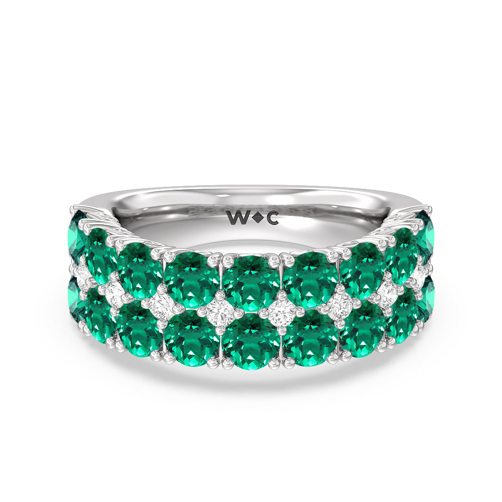 Created Emerald and Diamond High Line Anniversary Ring with 14KT White Gold Cut Diamond in 14KT White Gold view 1
