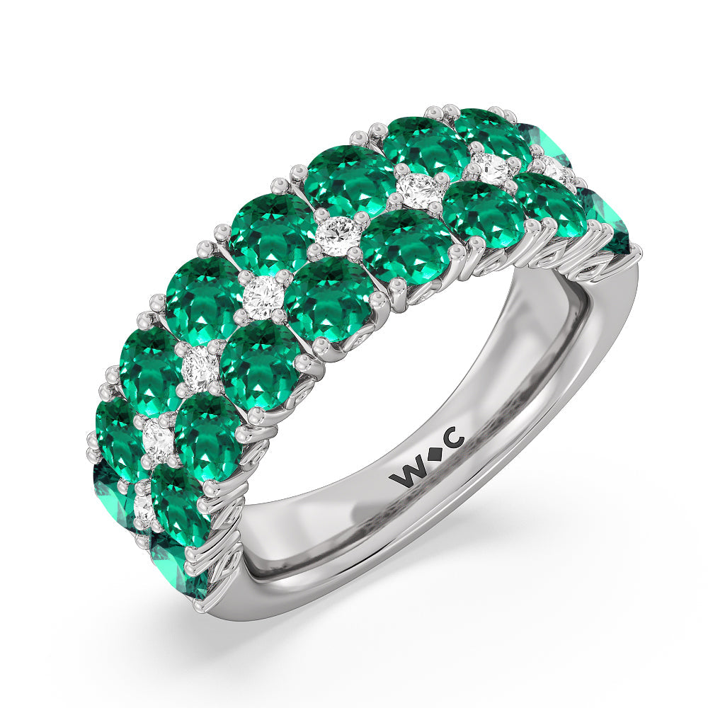 Created Emerald and Diamond High Line Anniversary Ring with 14KT White Gold Cut Diamond in 14KT White Gold view 2
