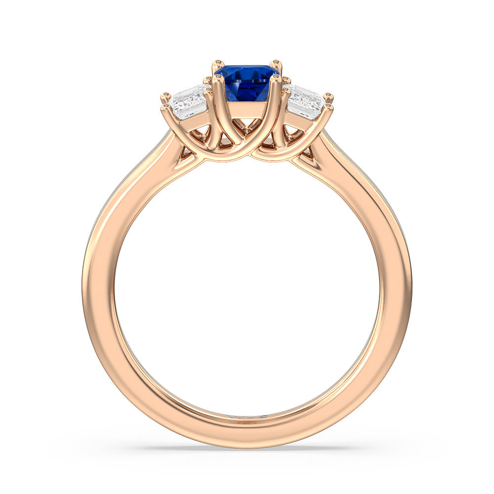 Created Sapphire Center And Emerald Cut Three Stone Diamond Ring with 14KT Rose Gold Cut Diamond in 14KT Rose Gold view 3
