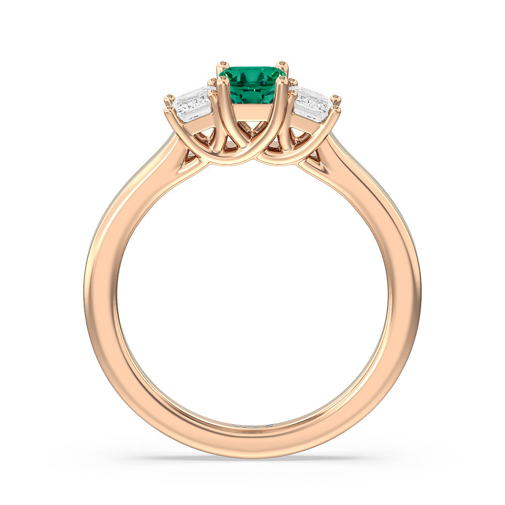 Created Emerald Center And Emerald Shape Cut Three Stone Diamond Ring with 14KT Rose Gold Cut Diamond in 14KT Rose Gold view 3
