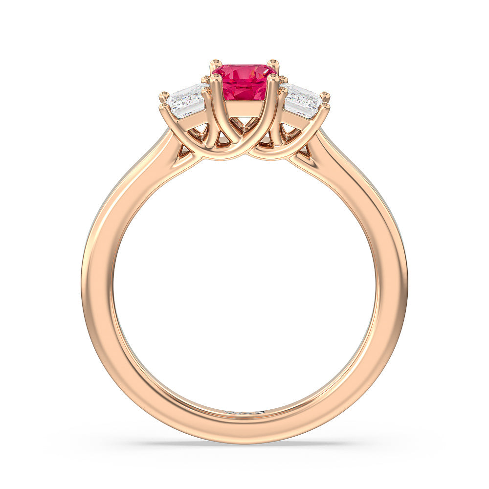 Created Ruby Center And Emerald Cut Three Stone Diamond Ring with 14KT Rose Gold Cut Diamond in 14KT Rose Gold view 3
