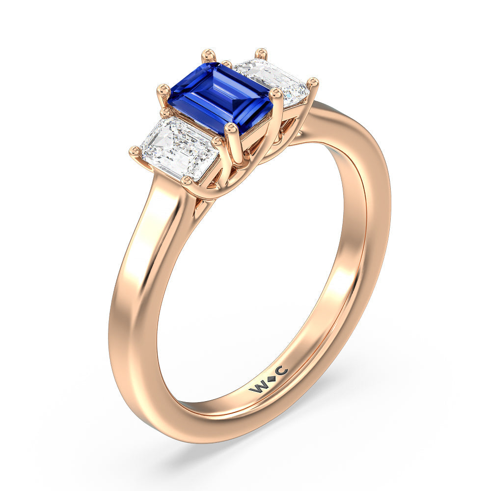 Created Sapphire Center And Emerald Cut Three Stone Diamond Ring with 14KT Rose Gold Cut Diamond in 14KT Rose Gold view 2
