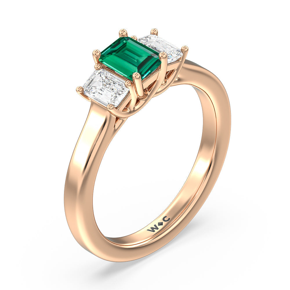 Created Emerald Center And Emerald Shape Cut Three Stone Diamond Ring with 14KT Rose Gold Cut Diamond in 14KT Rose Gold view 2
