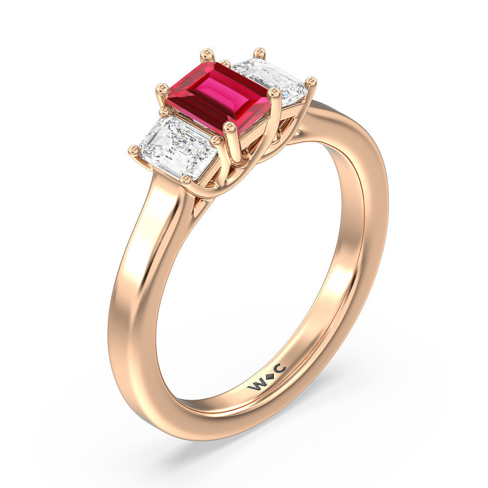 Created Ruby Center And Emerald Cut Three Stone Diamond Ring with 14KT Rose Gold Cut Diamond in 14KT Rose Gold view 2
