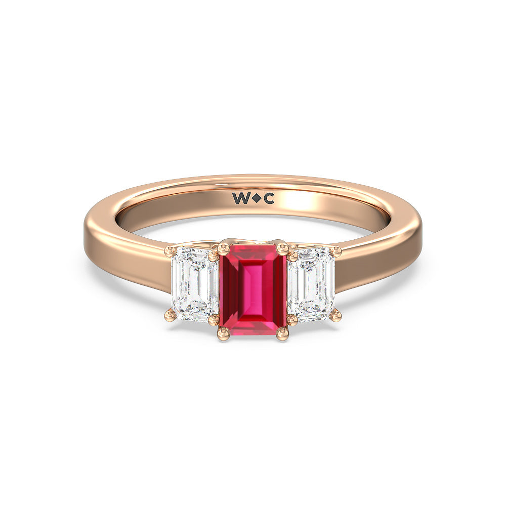 Created Ruby Center And Emerald Cut Three Stone Diamond Ring with 14KT Rose Gold Cut Diamond in 14KT Rose Gold view 1
