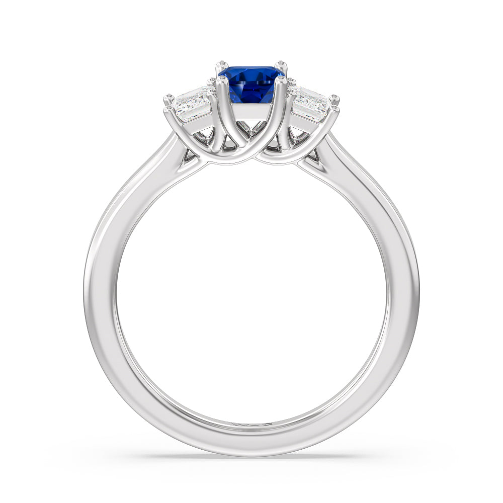 Created Sapphire Center And Emerald Cut Three Stone Diamond Ring with 14KT White Gold Cut Diamond in 14KT White Gold view 3

