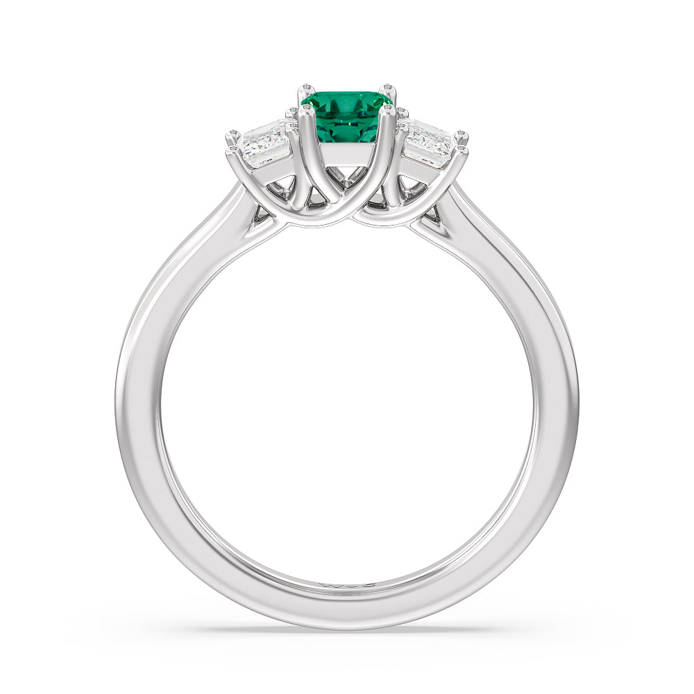 Created Emerald Center And Emerald Shape Cut Three Stone Diamond Ring with 14KT White Gold Cut Diamond in 14KT White Gold view 3
