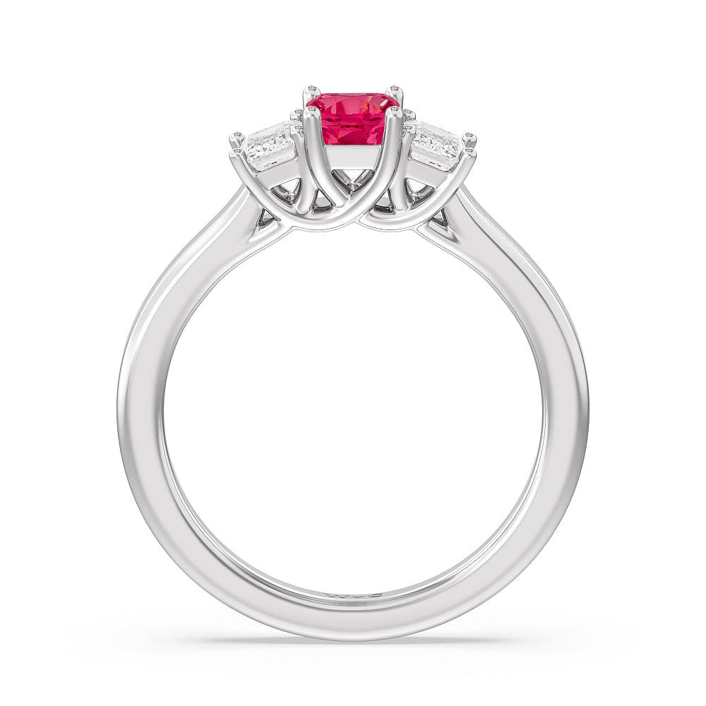 Created Ruby Center And Emerald Cut Three Stone Diamond Ring with 14KT White Gold Cut Diamond in 14KT White Gold view 3
