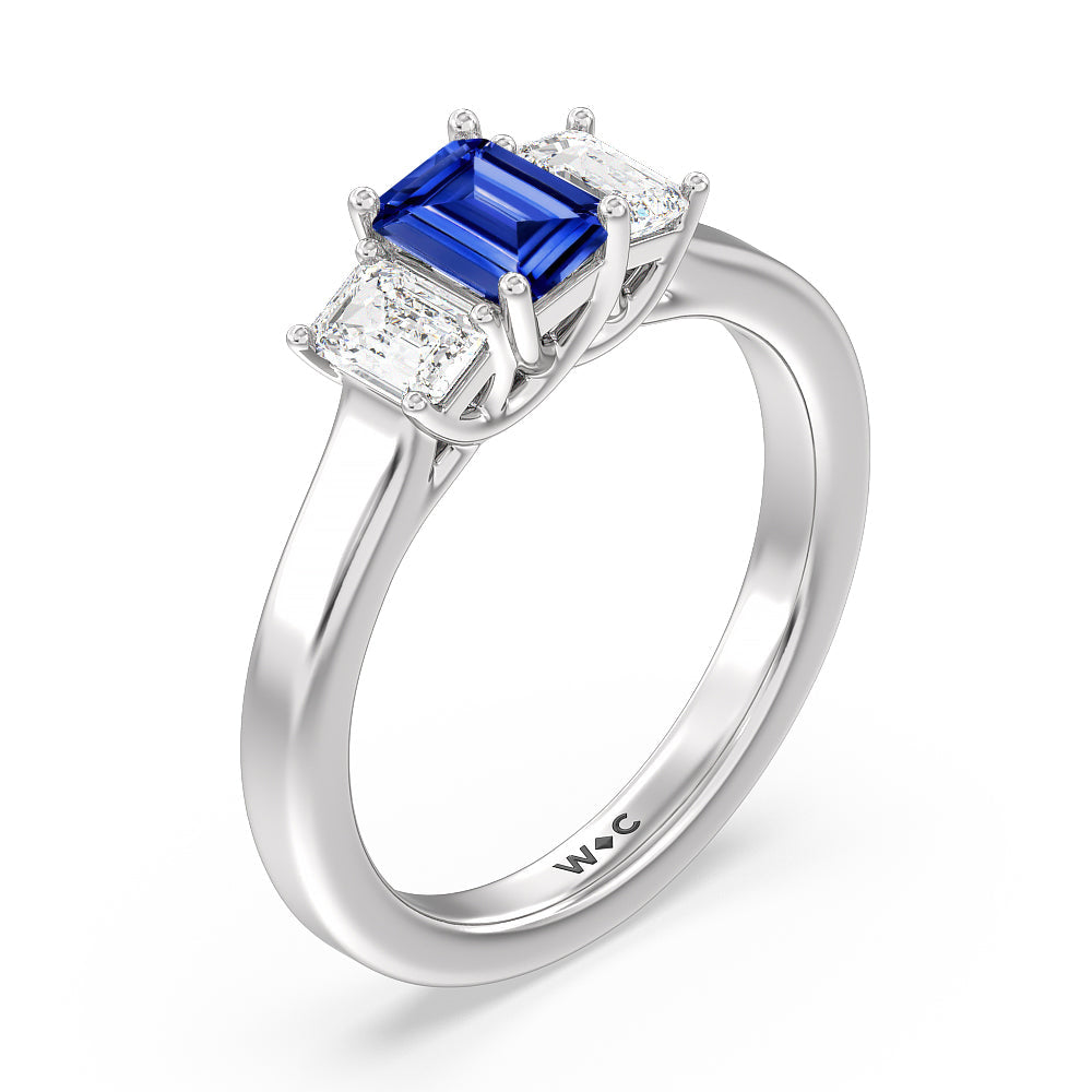 Created Sapphire Center And Emerald Cut Three Stone Diamond Ring with 14KT White Gold Cut Diamond in 14KT White Gold view 2
