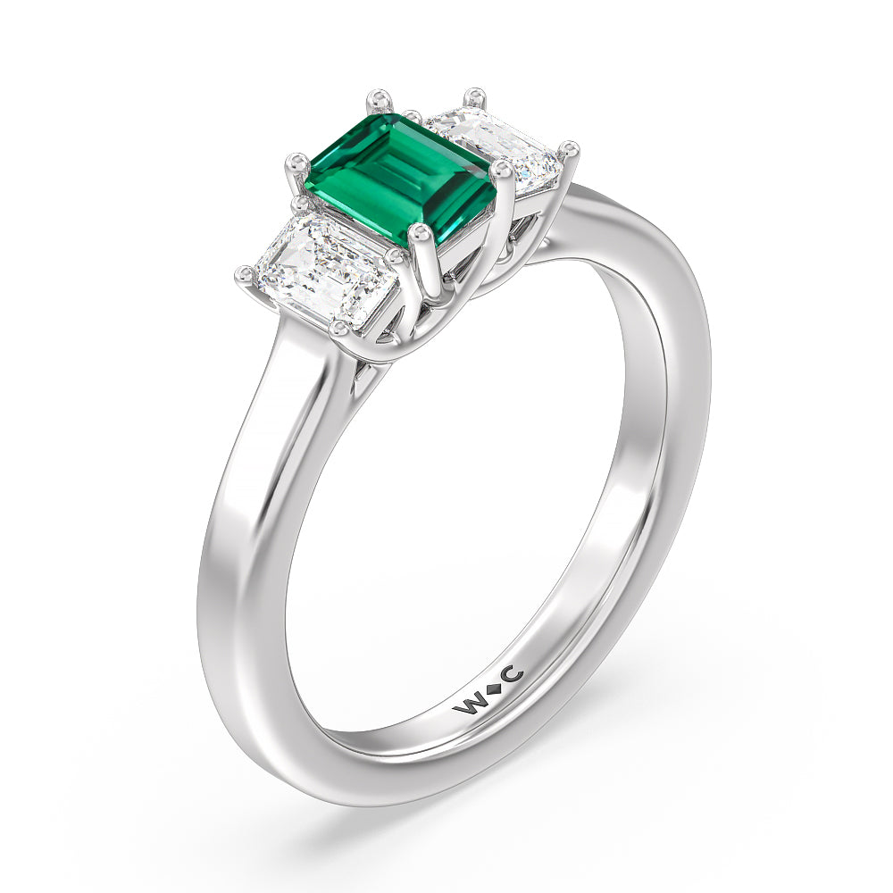 Created Emerald Center And Emerald Shape Cut Three Stone Diamond Ring with 14KT White Gold Cut Diamond in 14KT White Gold view 2
