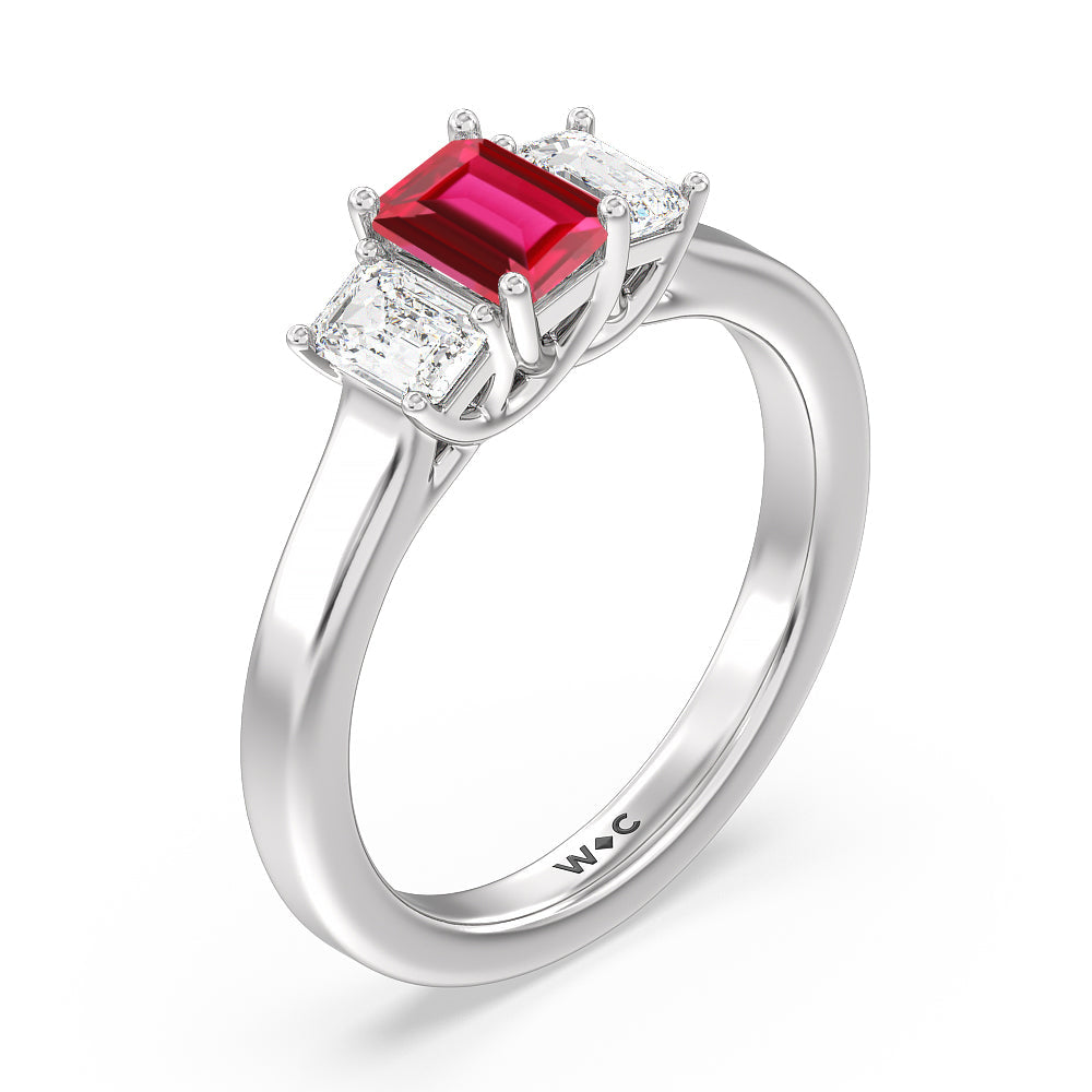 Created Ruby Center And Emerald Cut Three Stone Diamond Ring with 14KT White Gold Cut Diamond in 14KT White Gold view 2
