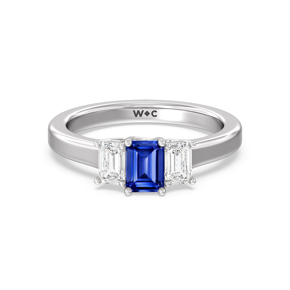 Created Sapphire Center And Emerald Cut Three Stone Diamond Ring with 14KT White Gold Cut Diamond in 14KT White Gold view 1
