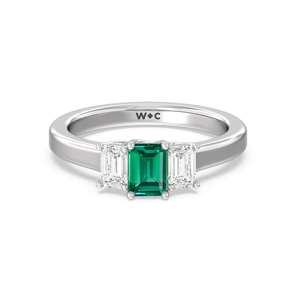 Created Emerald Center And Emerald Shape Cut Three Stone Diamond Ring with 14KT White Gold Cut Diamond in 14KT White Gold view 1
