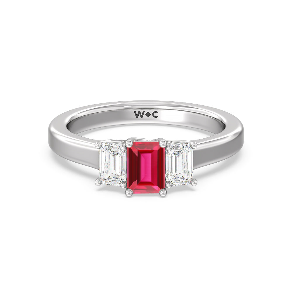Created Ruby Center And Emerald Cut Three Stone Diamond Ring with 14KT White Gold Cut Diamond in 14KT White Gold view 1
