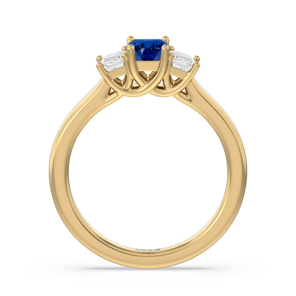Created Sapphire Center And Emerald Cut Three Stone Diamond Ring with 14KT Yellow Gold Cut Diamond in 14KT Yellow Gold view 3
