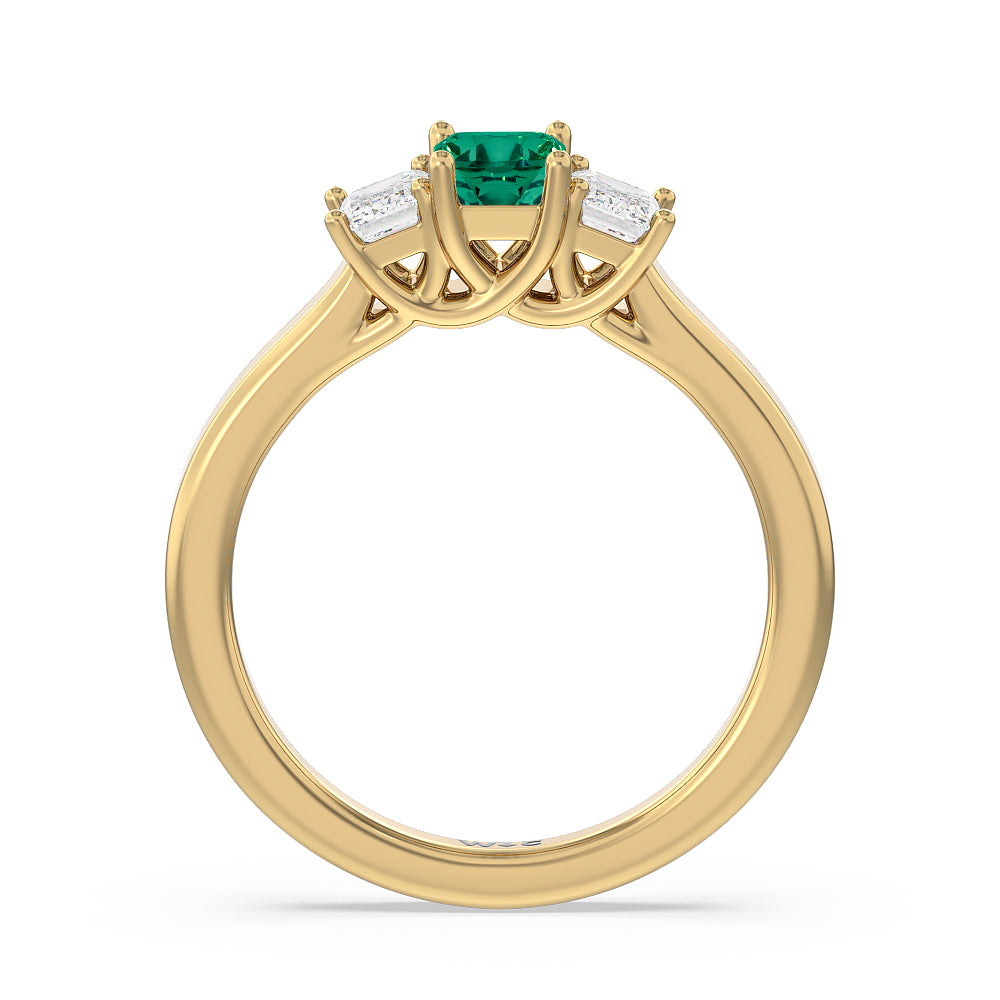 Created Emerald Center And Emerald Shape Cut Three Stone Diamond Ring with 14KT Yellow Gold Cut Diamond in 14KT Yellow Gold view 3

