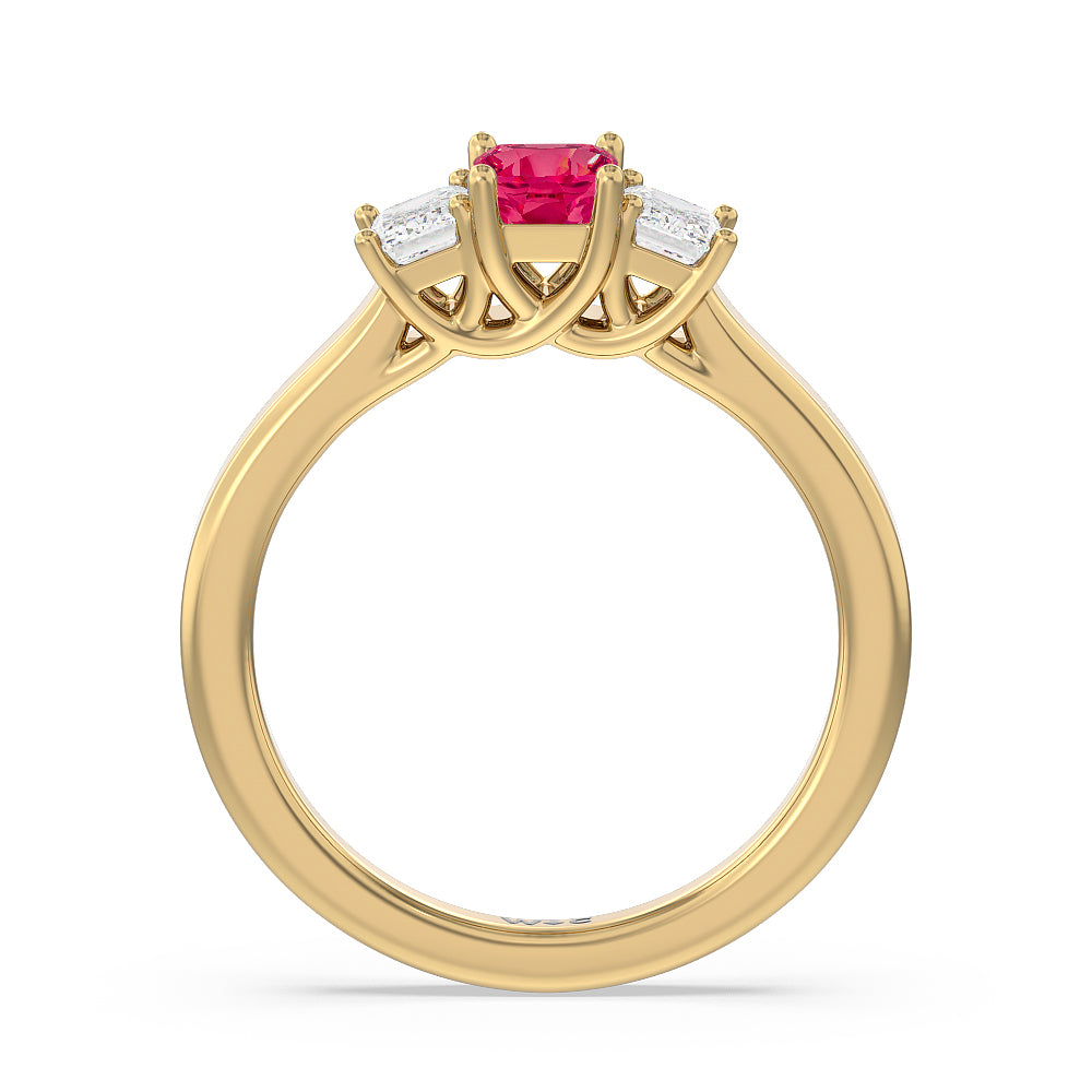 Created Ruby Center And Emerald Cut Three Stone Diamond Ring with 14KT Yellow Gold Cut Diamond in 14KT Yellow Gold view 3
