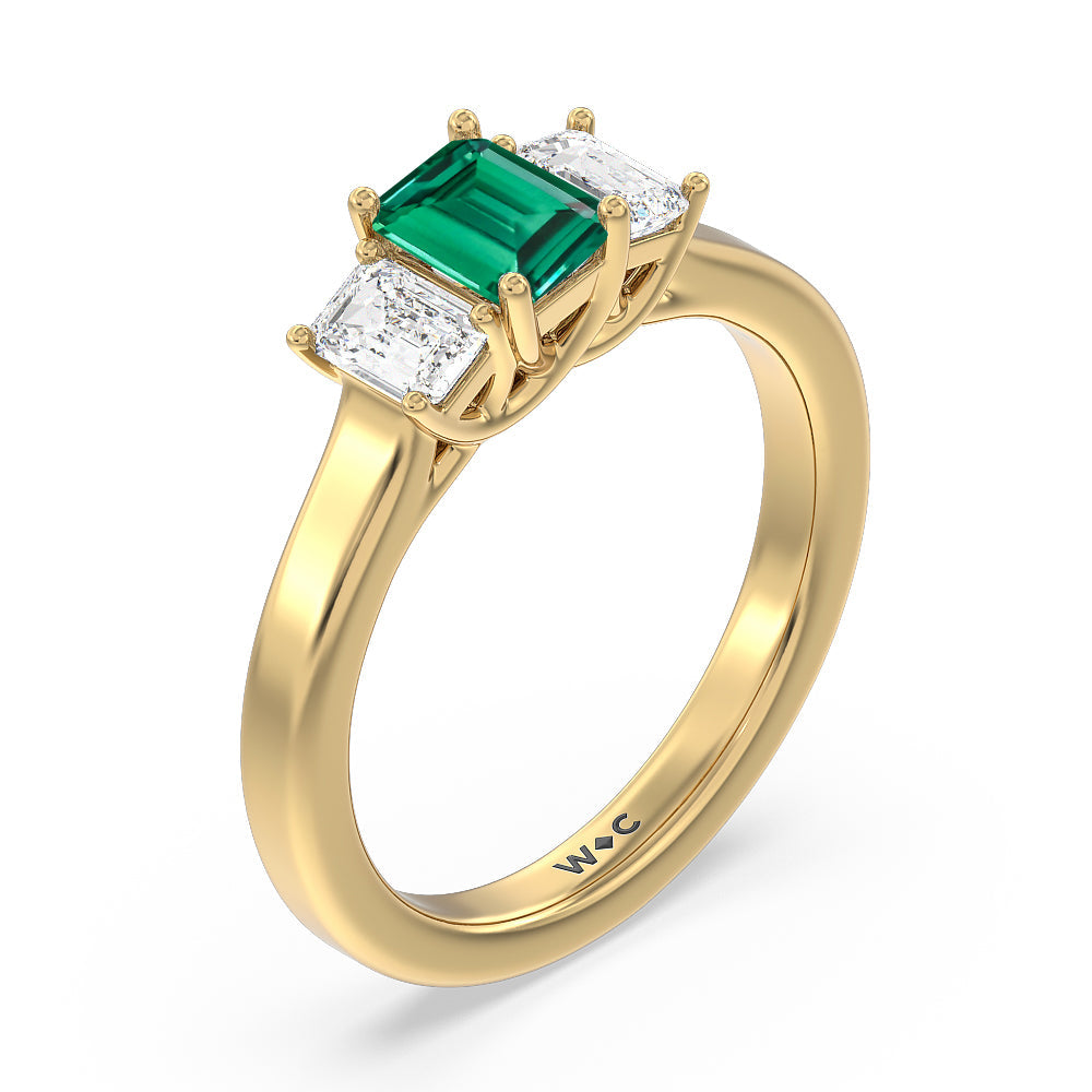 Created Emerald Center And Emerald Shape Cut Three Stone Diamond Ring with 14KT Yellow Gold Cut Diamond in 14KT Yellow Gold view 2
