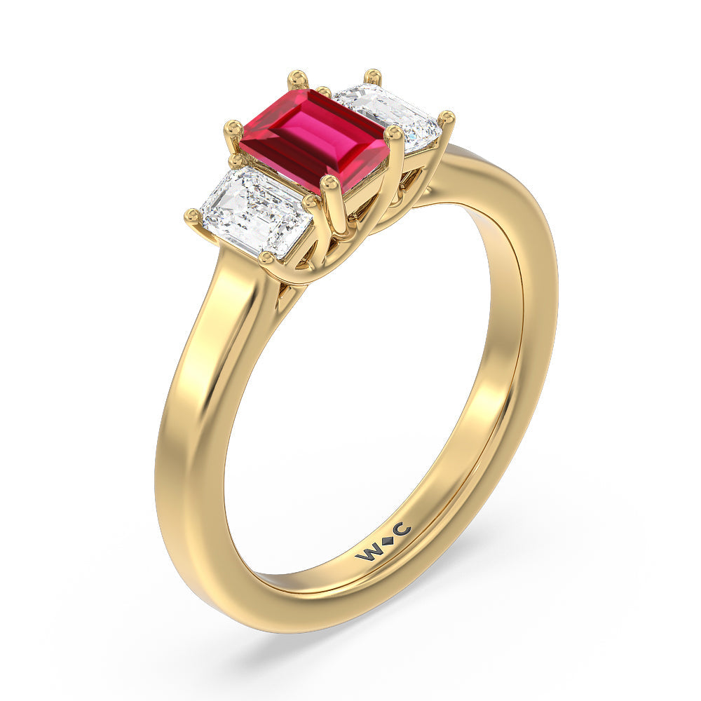 Created Ruby Center And Emerald Cut Three Stone Diamond Ring with 14KT Yellow Gold Cut Diamond in 14KT Yellow Gold view 2
