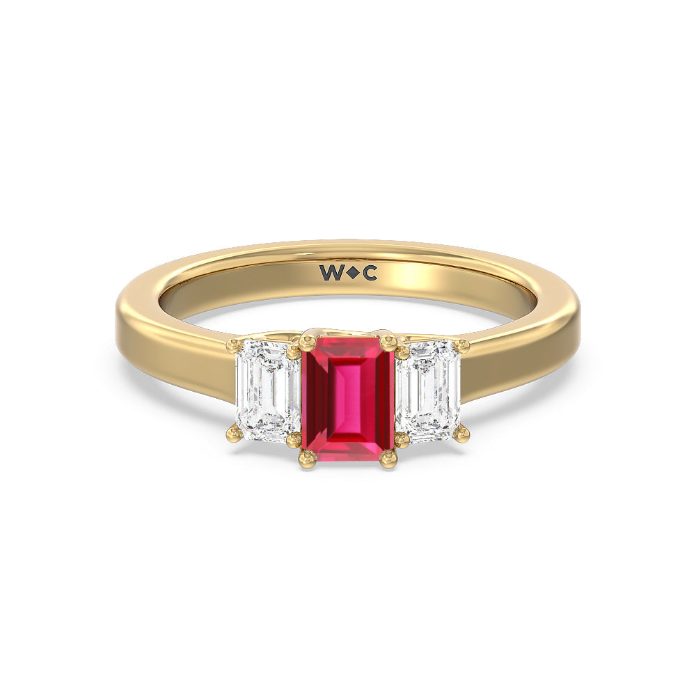 Created Ruby Center And Emerald Cut Three Stone Diamond Ring with 14KT Yellow Gold Cut Diamond in 14KT Yellow Gold view 1
