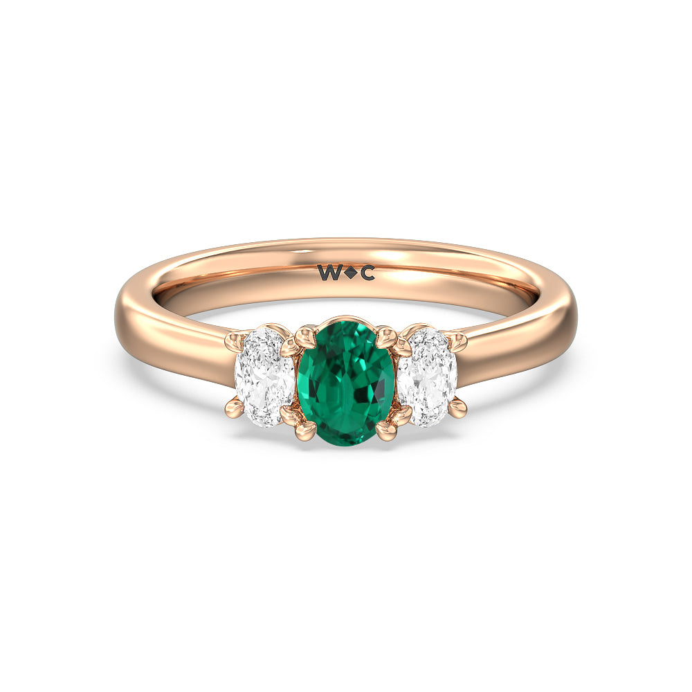 Created Emerald Center And Oval Cut Three Stone Diamond Ring with 14KT Rose Gold Cut Diamond in 14KT Rose Gold view 1
