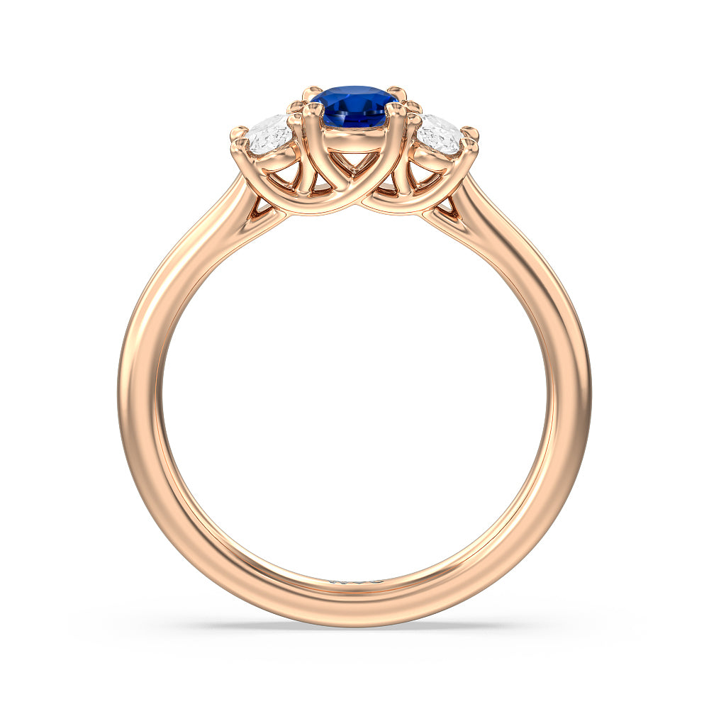 Created Sapphire Center And Oval Cut Three Stone Diamond Ring with 14KT Rose Gold Cut Diamond in 14KT Rose Gold view 3
