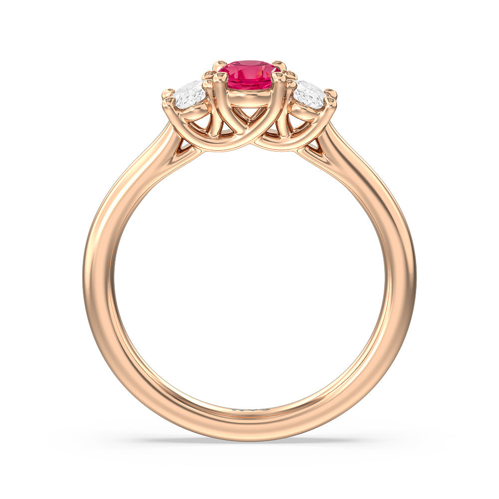 Created Ruby Center And Oval Cut Three Stone Diamond Ring with 14KT Rose Gold Cut Diamond in 14KT Rose Gold view 3
