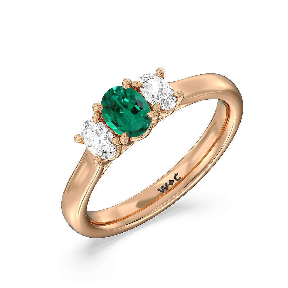 Created Emerald Center And Oval Cut Three Stone Diamond Ring with 14KT Rose Gold Cut Diamond in 14KT Rose Gold view 2
