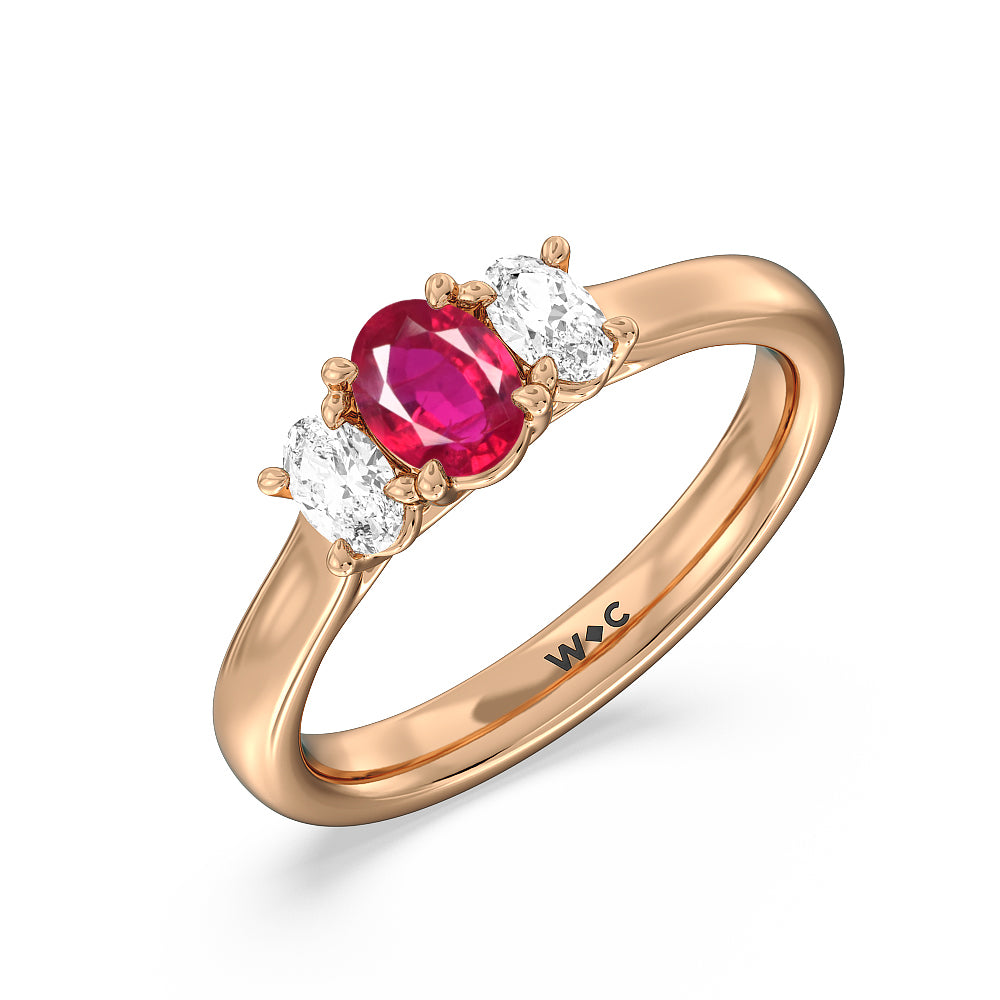 Created Ruby Center And Oval Cut Three Stone Diamond Ring with 14KT Rose Gold Cut Diamond in 14KT Rose Gold view 2
