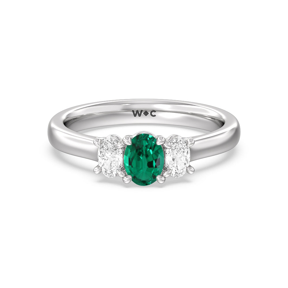 Created Emerald Center And Oval Cut Three Stone Diamond Ring with 14KT White Gold Cut Diamond in 14KT White Gold view 1
