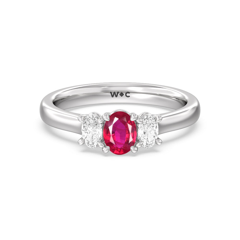 Created Ruby Center And Oval Cut Three Stone Diamond Ring with 14KT White Gold Cut Diamond in 14KT White Gold view 1
