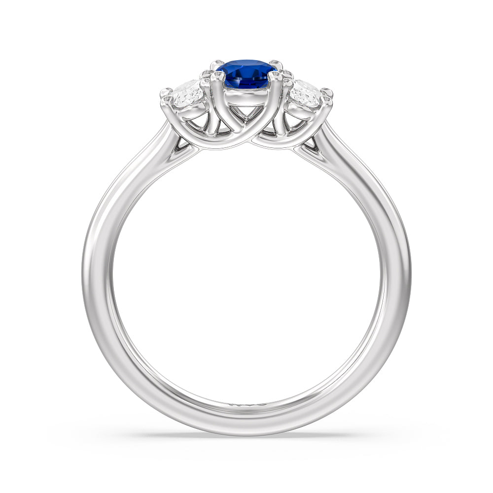 Created Sapphire Center And Oval Cut Three Stone Diamond Ring with 14KT White Gold Cut Diamond in 14KT White Gold view 3
