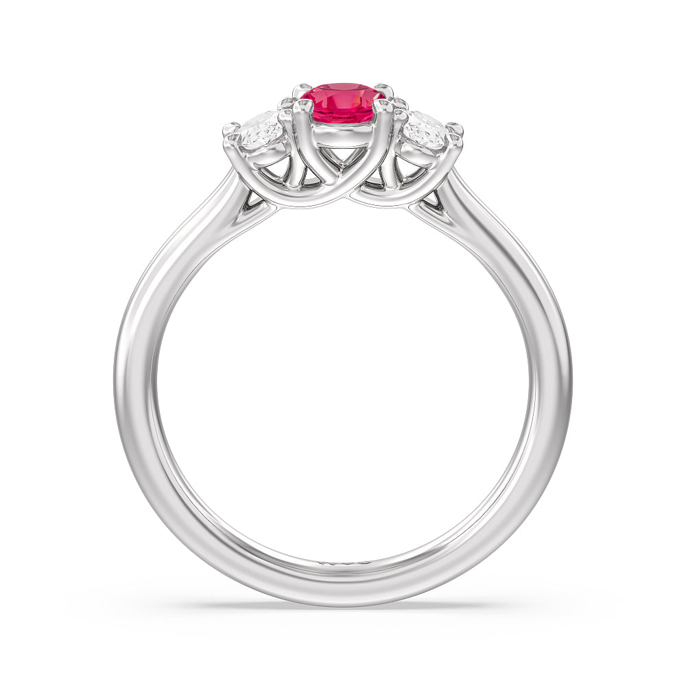 Created Ruby Center And Oval Cut Three Stone Diamond Ring with 14KT White Gold Cut Diamond in 14KT White Gold view 3
