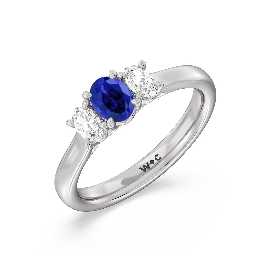 Created Sapphire Center And Oval Cut Three Stone Diamond Ring with 14KT White Gold Cut Diamond in 14KT White Gold view 2
