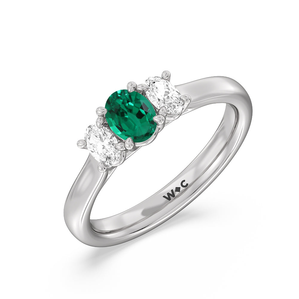 Created Emerald Center And Oval Cut Three Stone Diamond Ring with 14KT White Gold Cut Diamond in 14KT White Gold view 2
