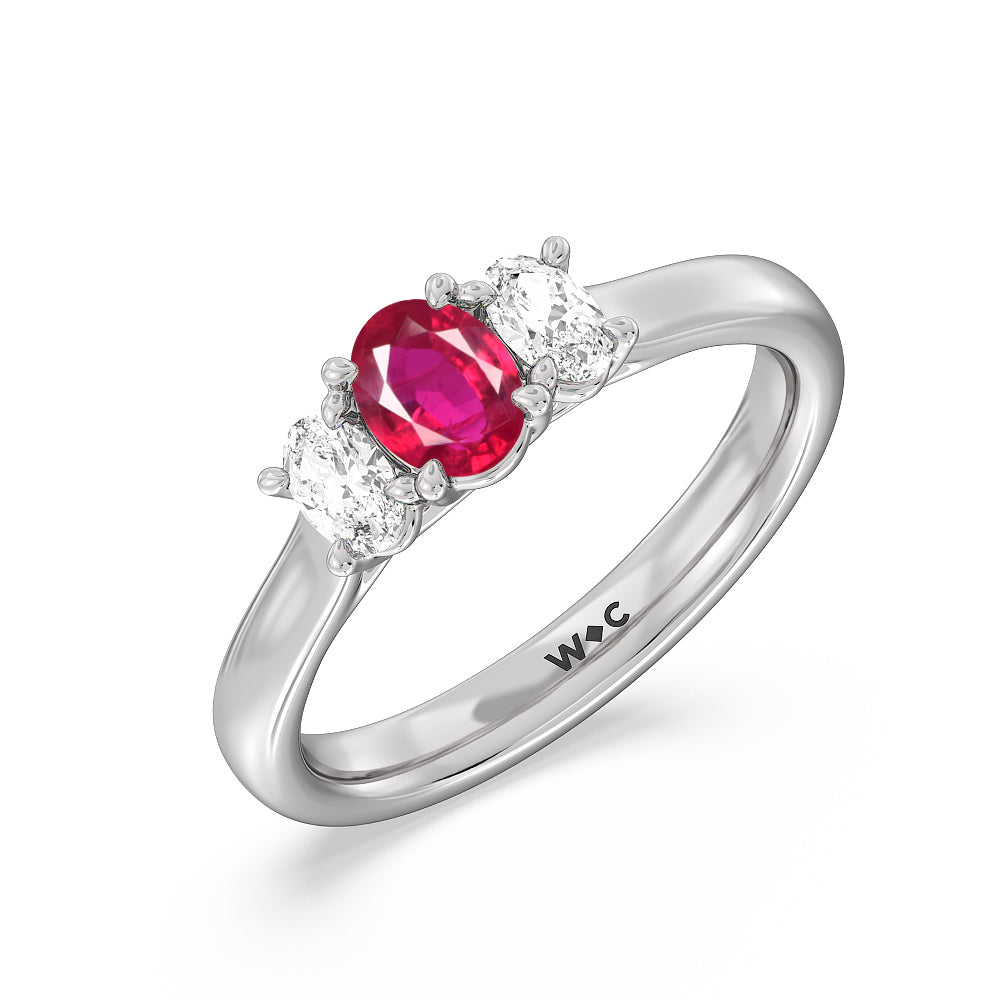 Created Ruby Center And Oval Cut Three Stone Diamond Ring with 14KT White Gold Cut Diamond in 14KT White Gold view 2
