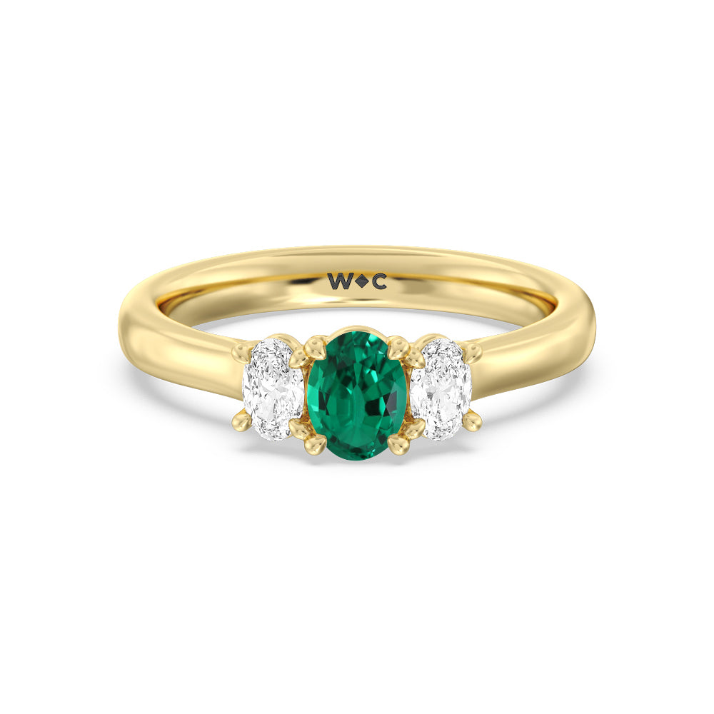 Created Emerald Center And Oval Cut Three Stone Diamond Ring with 14KT Yellow Gold Cut Diamond in 14KT Yellow Gold view 1
