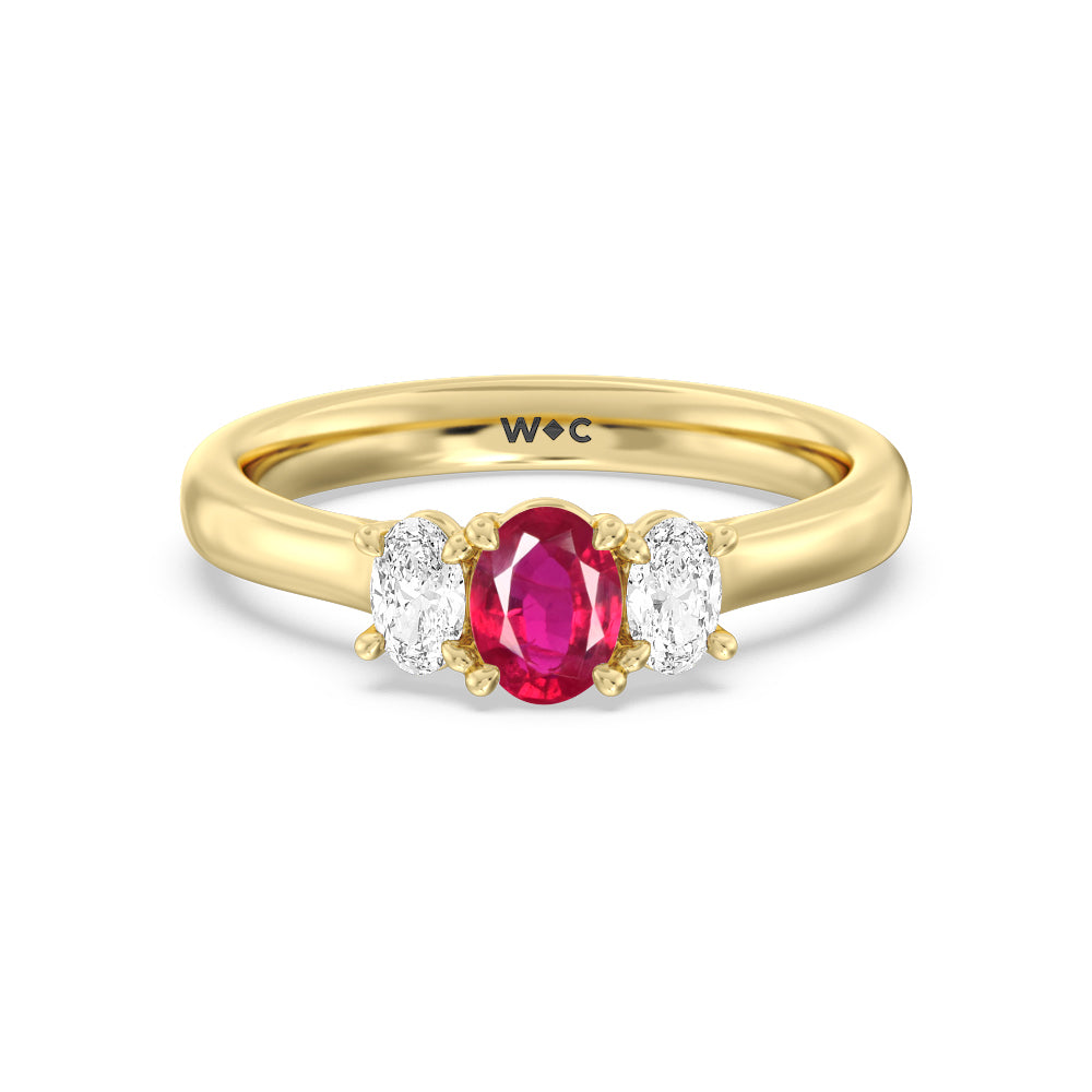Created Ruby Center And Oval Cut Three Stone Diamond Ring with 14KT Yellow Gold Cut Diamond in 14KT Yellow Gold view 1
