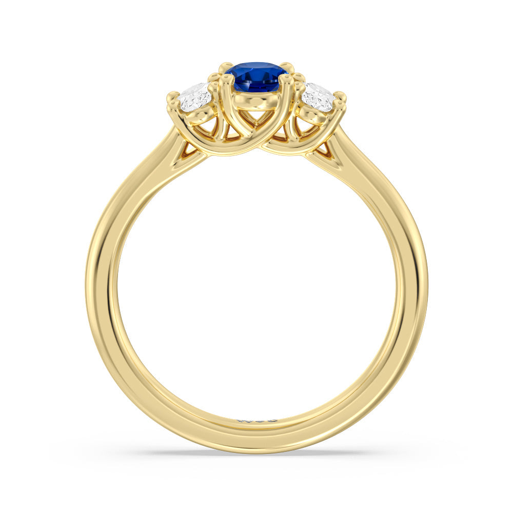 Created Sapphire Center And Oval Cut Three Stone Diamond Ring with 14KT Yellow Gold Cut Diamond in 14KT Yellow Gold view 3
