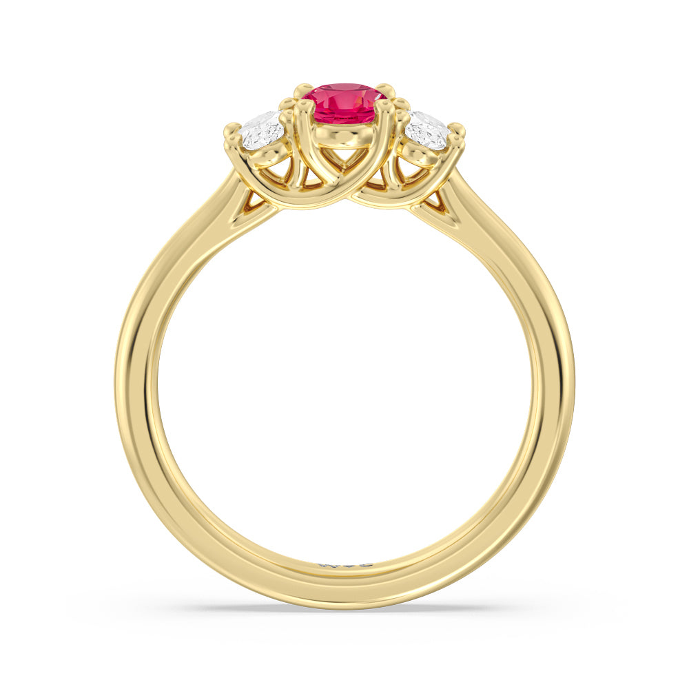 Created Ruby Center And Oval Cut Three Stone Diamond Ring with 14KT Yellow Gold Cut Diamond in 14KT Yellow Gold view 3
