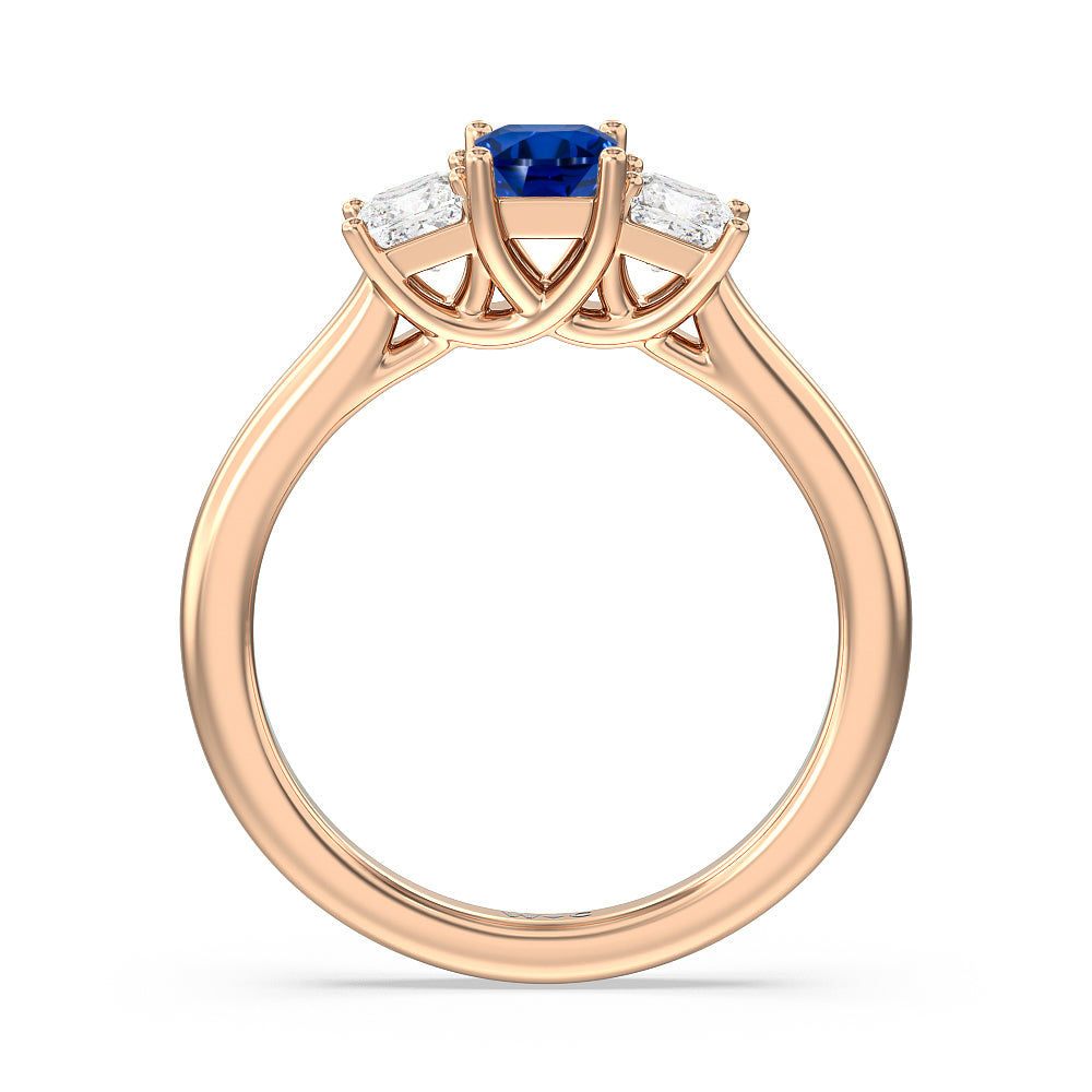 Created Sapphire Center And Princess Cut Three Stone  Diamond Ring with 14KT Rose Gold Cut Diamond in 14KT Rose Gold view 3
