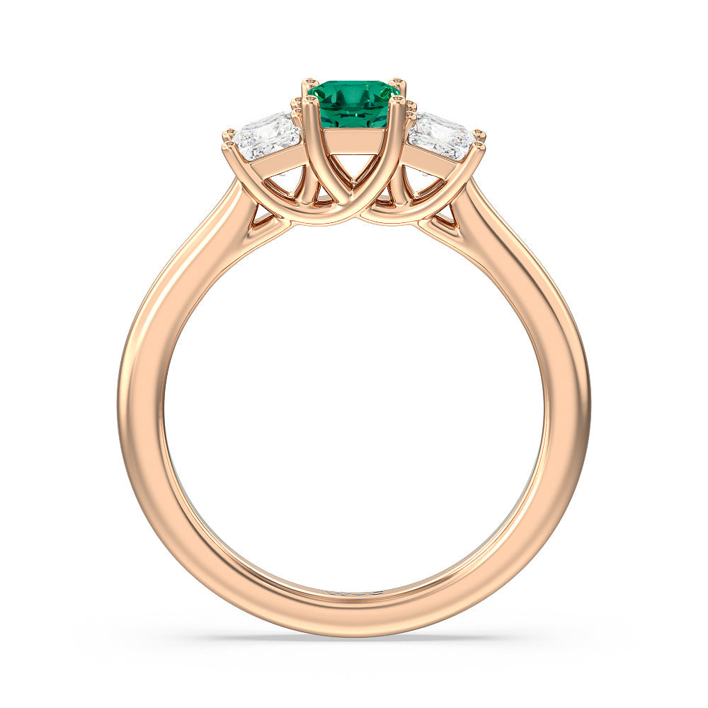 Created Emerald Center And Princess Cut Three Stone  Diamond Ring with 14KT Rose Gold Cut Diamond in 14KT Rose Gold view 3
