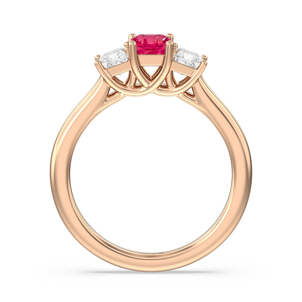 Created Ruby Center And Princess Cut Three Stone  Diamond Ring with 14KT Rose Gold Cut Diamond in 14KT Rose Gold view 3
