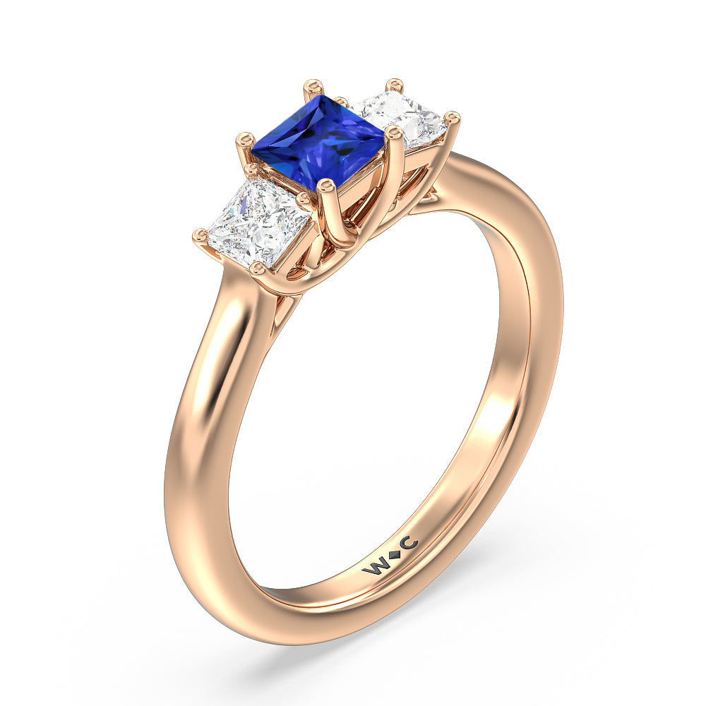Created Sapphire Center And Princess Cut Three Stone  Diamond Ring with 14KT Rose Gold Cut Diamond in 14KT Rose Gold view 2
