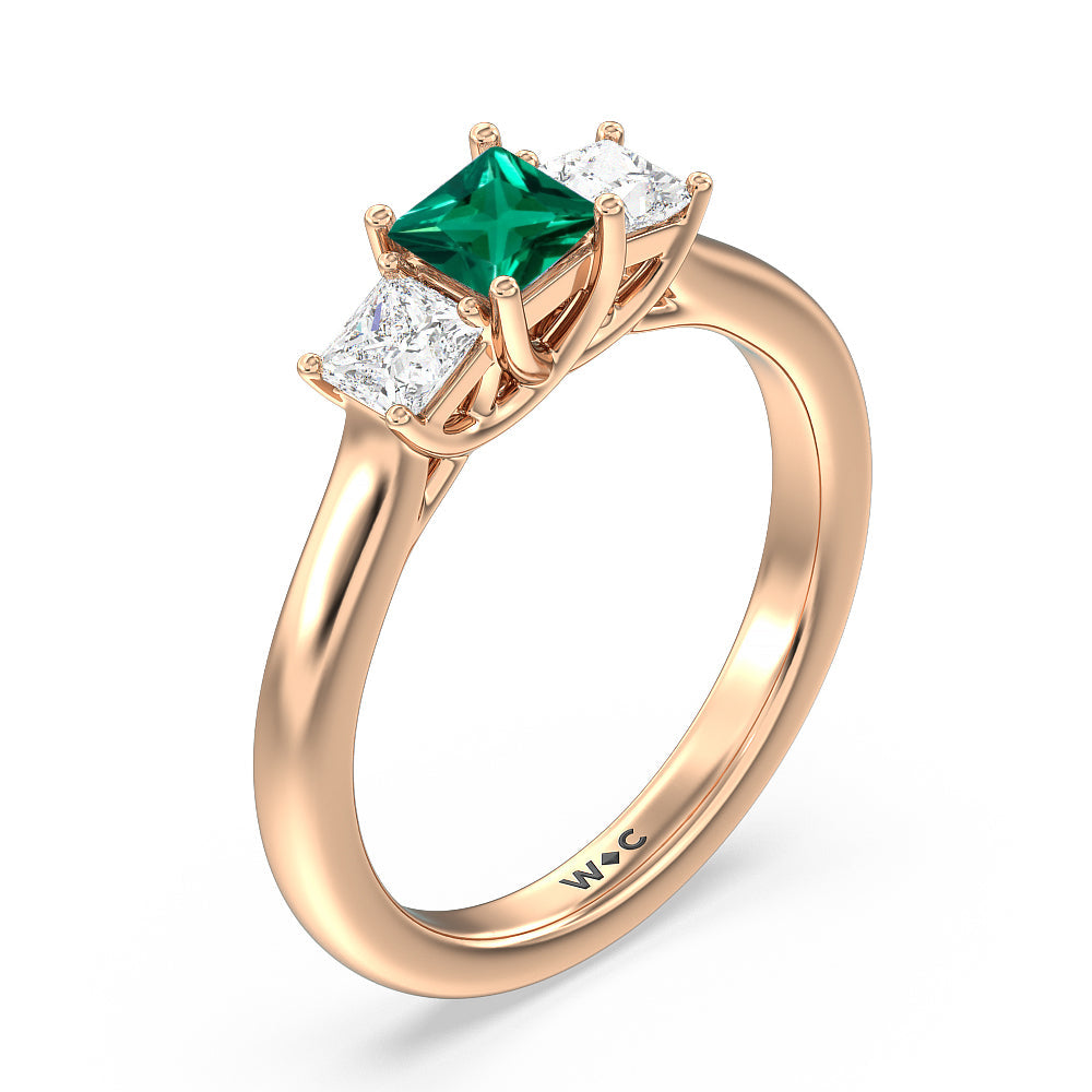 Created Emerald Center And Princess Cut Three Stone  Diamond Ring with 14KT Rose Gold Cut Diamond in 14KT Rose Gold view 2
