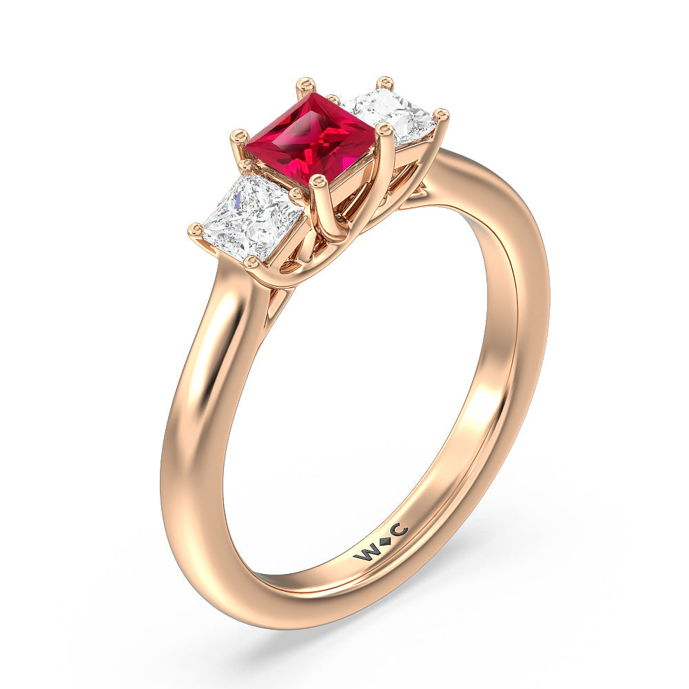 Created Ruby Center And Princess Cut Three Stone  Diamond Ring with 14KT Rose Gold Cut Diamond in 14KT Rose Gold view 2
